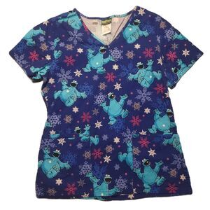Scrubstar Sesame Street Woman's XS  Scrub Top Cookie Monster Blue Winter Large